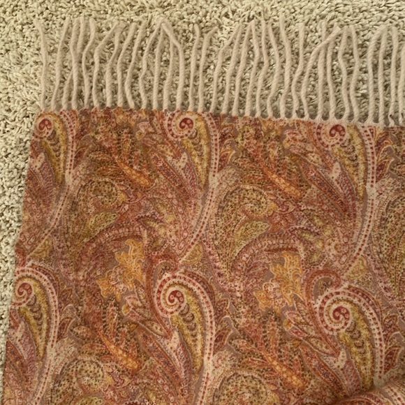 AMICALE PURE CASHMERE BURGUNDY TAN YELLOW ORANGE FRINGE TWO SIDED SCARF 62” - Picture 9 of 10